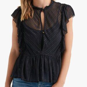 Lucky Brand Stripe Ruffle Black Gold Metallic Short Sleeve Blouse